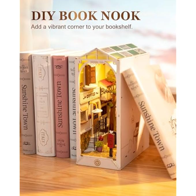 DIY BOOK NOOK KIT 3D WOODEN PUZZLE FOR ADULTS 9.5" BOOKSHELF INDERT DECOR WITH LED MINIATURE DOLLHOUSE KIT BOOKEND CRAFTS DIORAMA HOBBIES GIFTS FOR BOYS GIRLS (SUNSHINE TOWN) - Image 2